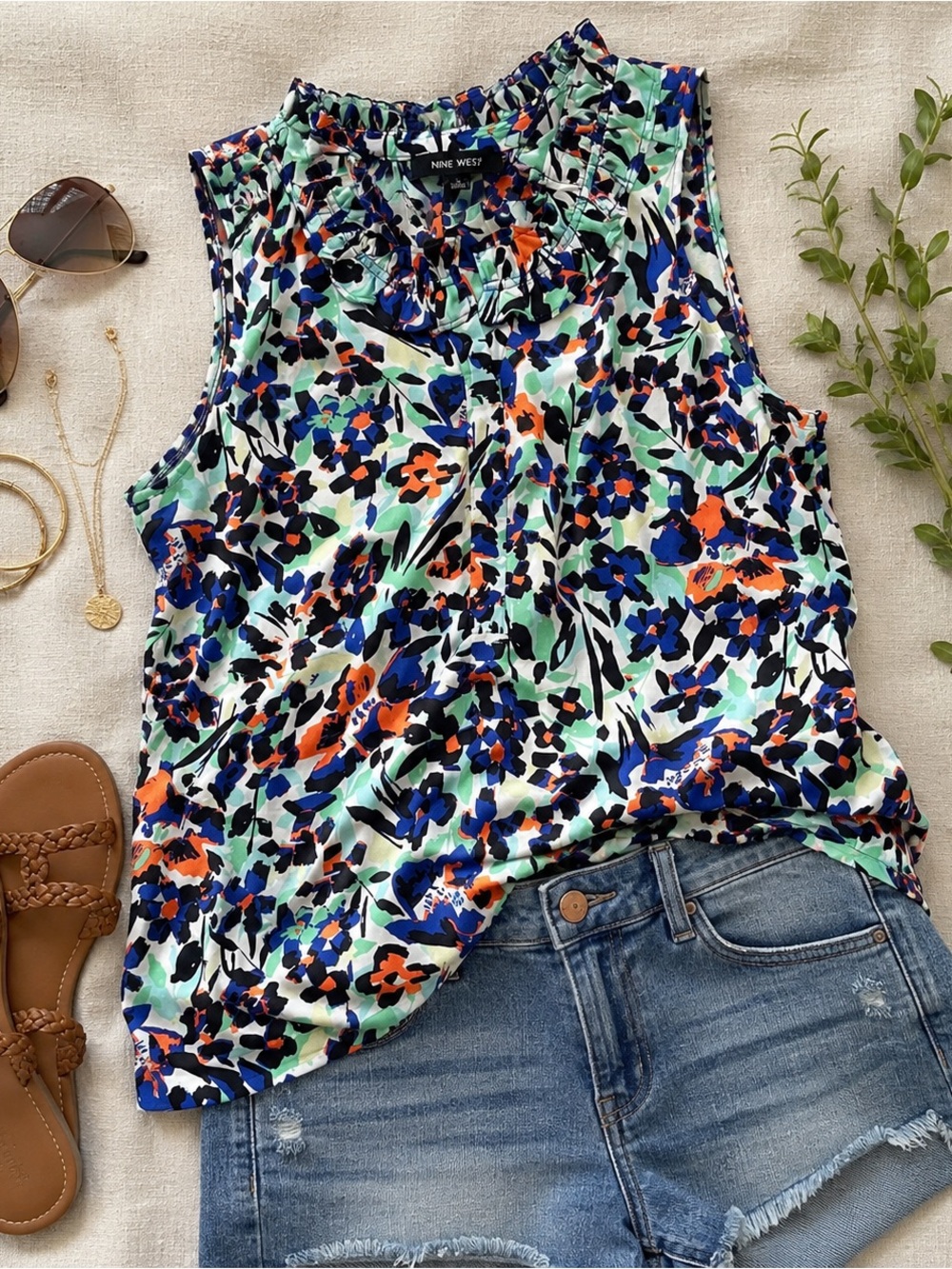 Nine West Multicolor Floral Ruffle Neck Sleeveless Top